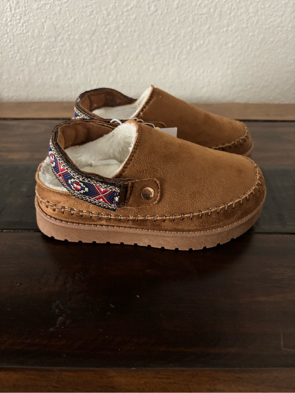 ✨Girls Cozy Suede-Look Slip-On Mule with Aztec Velcro Strap✨